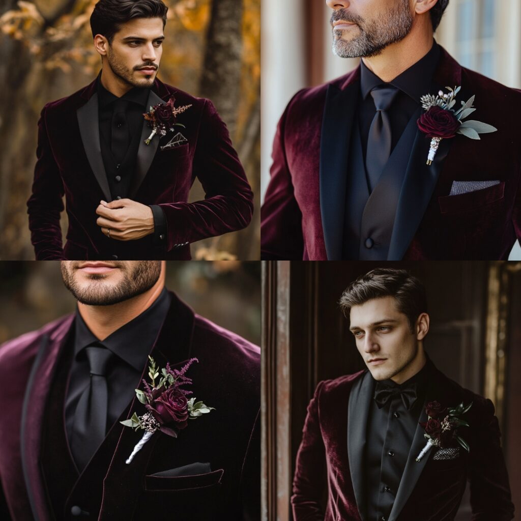 A groom dressed in a sleek black or burgundy tailored suit, complete with a black dress shirt, silver cufflinks, and a velvet blazer for an elegant gothic look.