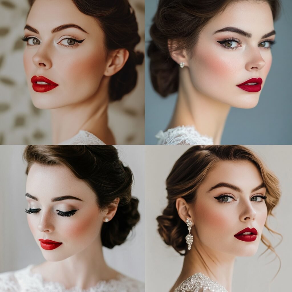 Timeless New Year's bridal makeup with a classic red matte lip and crisp black winged eyeliner, creating a vintage, glamorous effect.