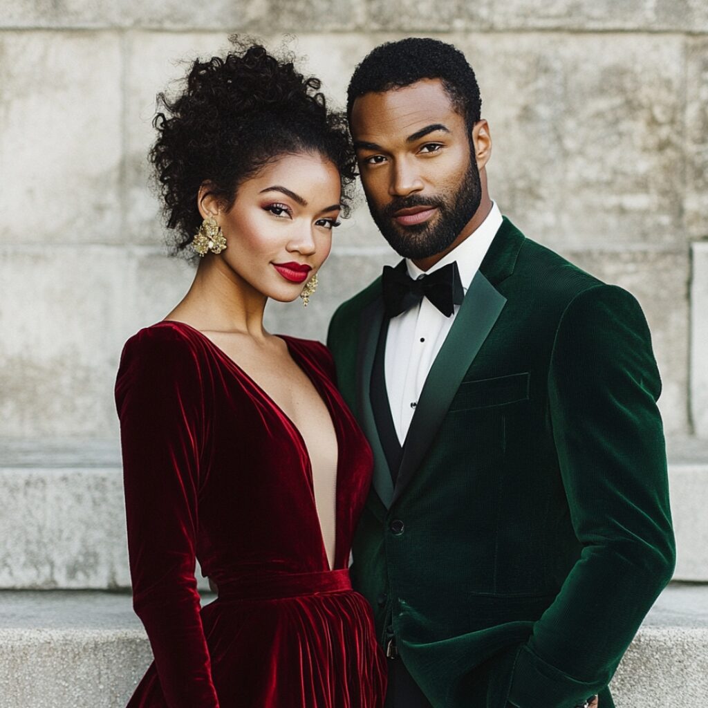 Couple in elegant Christmas wedding guest attire with the woman wearing a red velvet dress and the man in a deep green suit, accessorized with gold and black accents.