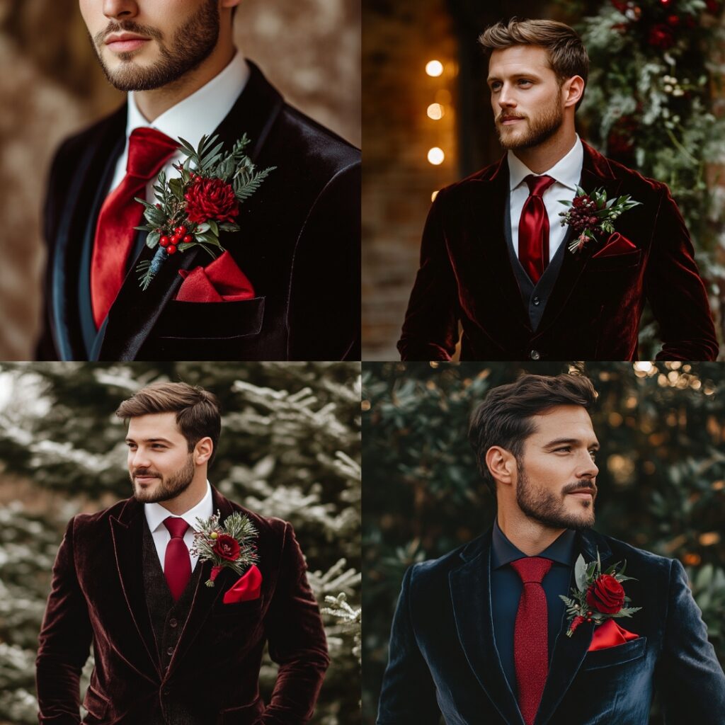 Groomsman wearing a luxurious velvet suit paired with red accents, like a silk tie and pocket square, perfect for a festive Christmas wedding look.