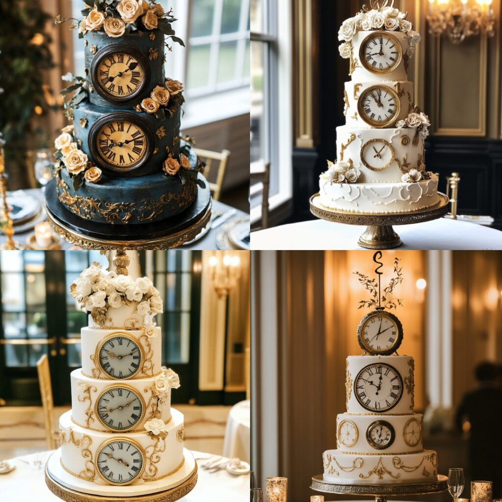 Unique clock-inspired wedding cake with vintage clock faces, roman numerals, and gold accents counting down to midnight for a New Year’s wedding.
