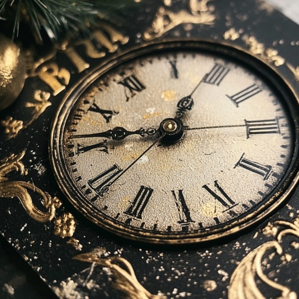 New Year's wedding invitation featuring vintage clock faces or countdown designs with a silver, gold, and black color scheme, creating anticipation for a magical midnight.