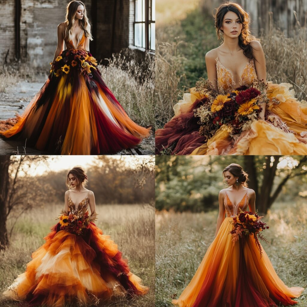 A vibrant colorful wedding dress in rich autumn shades like burnt orange and deep burgundy, perfect for a bold Thanksgiving wedding look.
