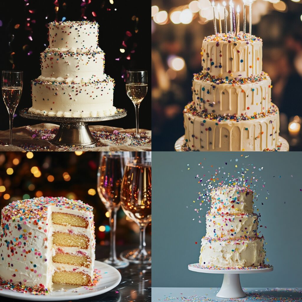 Playful confetti-drizzled wedding cake with white sponge layers, cream frosting, and edible confetti, capturing the lively spirit of New Year’s Eve.