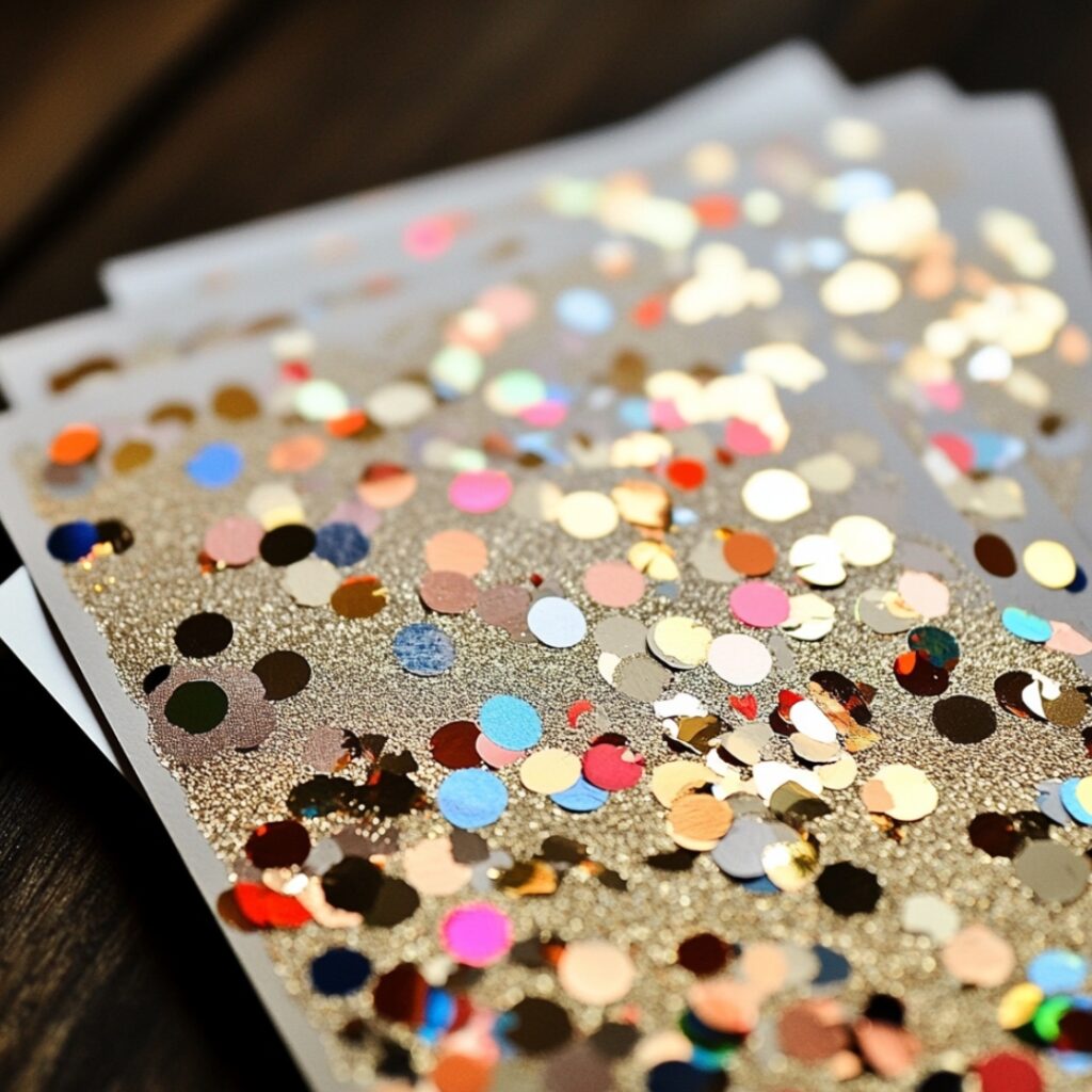Fun New Year's wedding invitation with playful confetti illustrations in gold, silver, or multicolor, capturing a vibrant and cheerful atmosphere for a lively celebration.