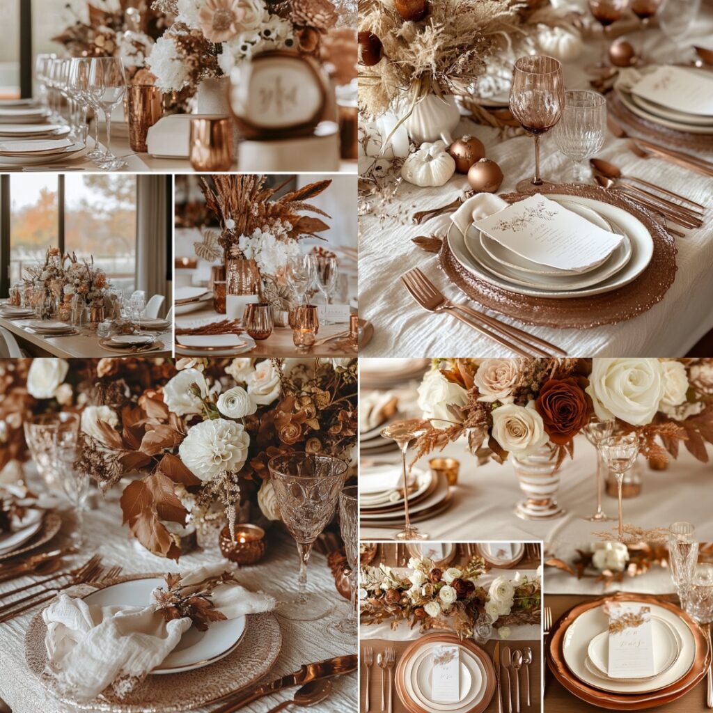 A chic Thanksgiving wedding table setting featuring a copper and ivory color palette, with modern decor elements and cozy accents for an intimate celebration.