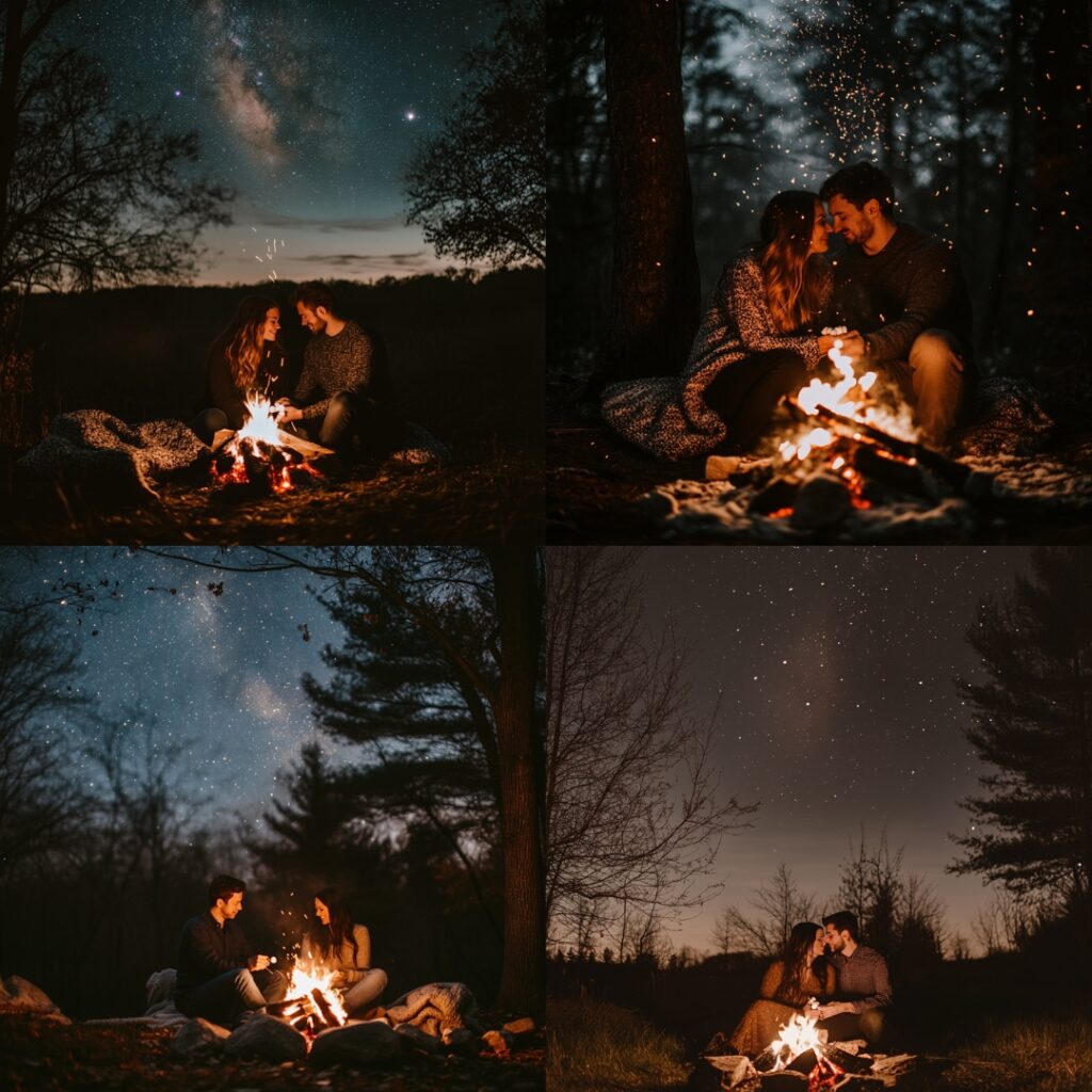 Romantic engagement photo of a couple cuddling by a bonfire, surrounded by trees and soft blankets, roasting marshmallows under a starry sky with warm lighting.