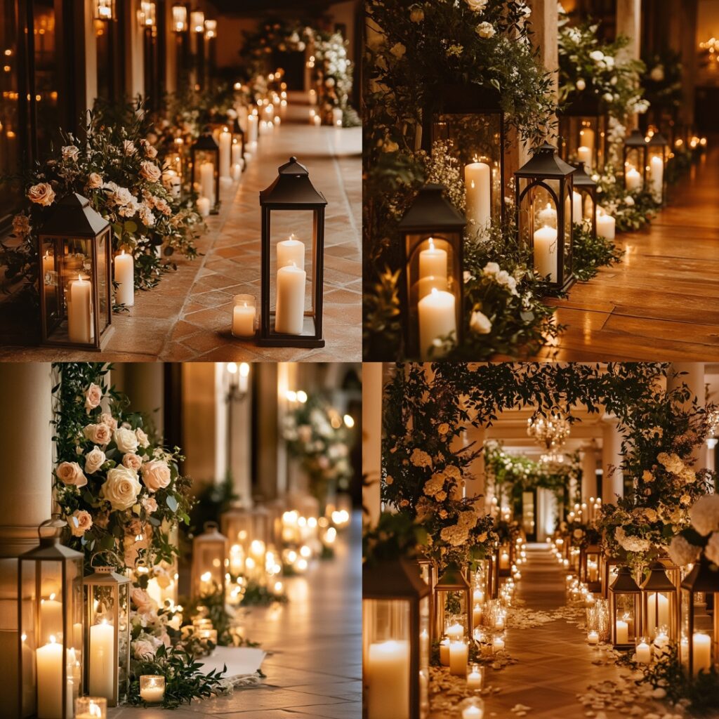 A romantic candlelit wedding aisle lined with lanterns and pillar candles, surrounded by greenery and soft floral arrangements, creating a warm glow.