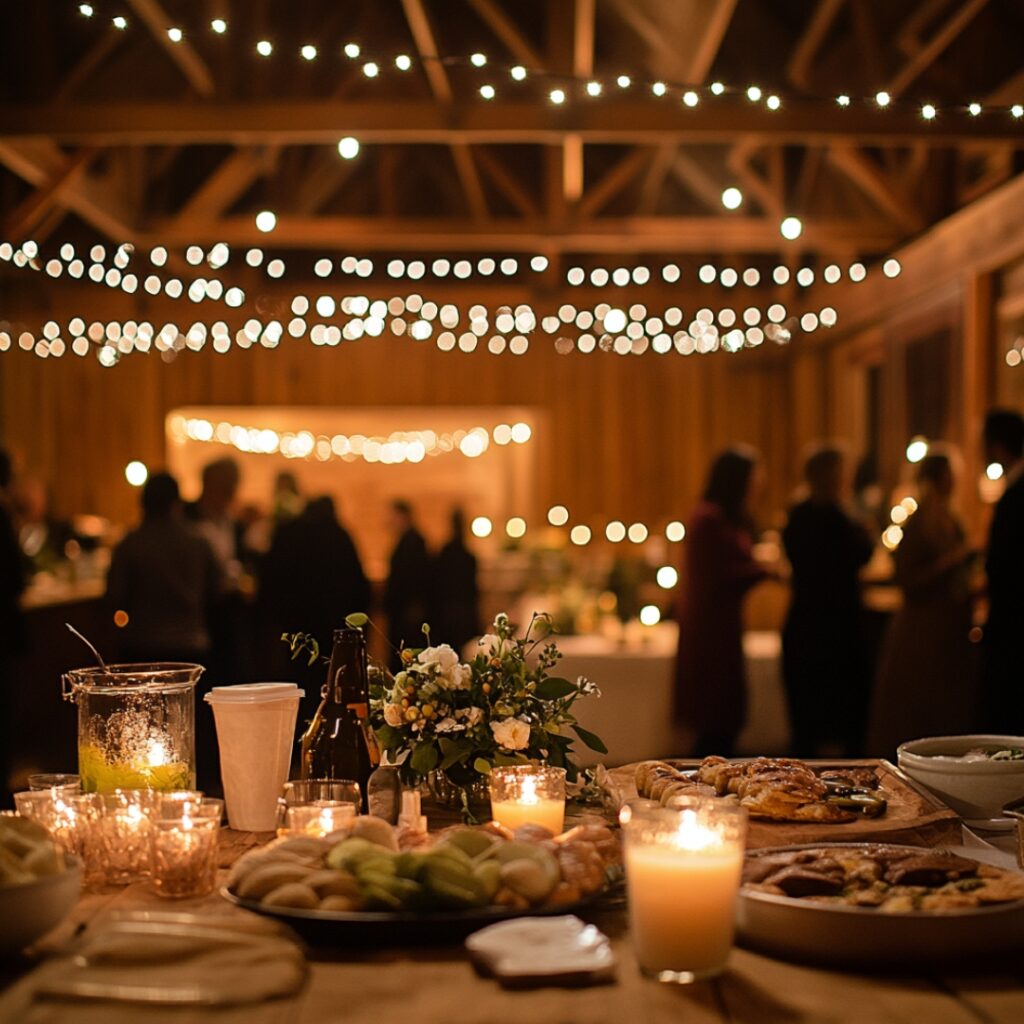 Warm and inviting indoor celebration featuring fairy lights, candles, and soft textiles, with guests enjoying cozy beverages and comfort foods.