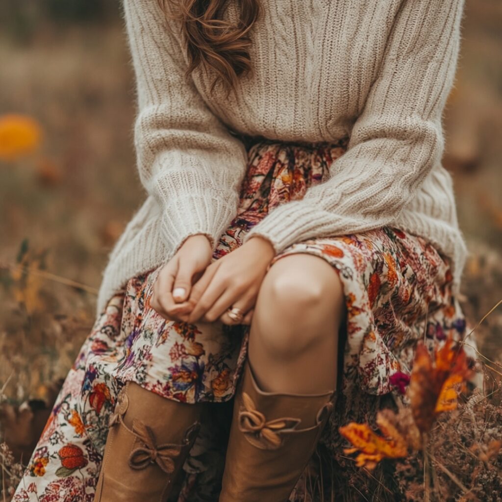 A cozy knit sweater in a neutral tone, paired with a colorful flowy skirt and knee-high boots, ideal for comfort and style at a rustic Thanksgiving wedding.