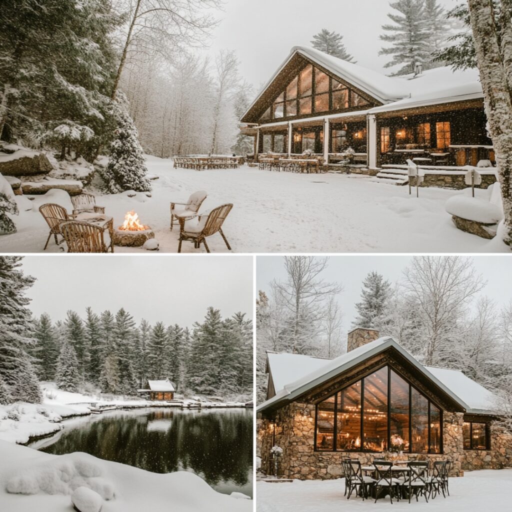 A cozy lakeside lodge surrounded by snow-covered trees, offering a peaceful, nature-inspired December wedding with fireside warmth.