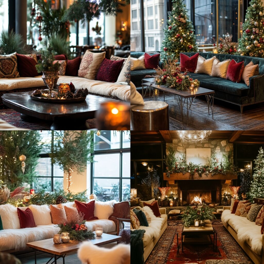 Cozy lounge area for guests featuring plush seating, oversized pillows, and low coffee tables adorned with seasonal decorations, creating an intimate atmosphere.
