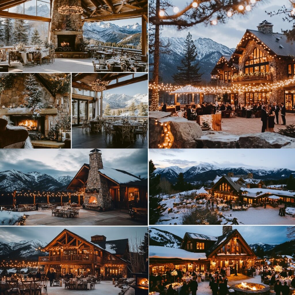 An intimate mountain lodge wedding venue, surrounded by snowy peaks, with cozy fireplaces and rustic decor, perfect for a festive winter celebration.