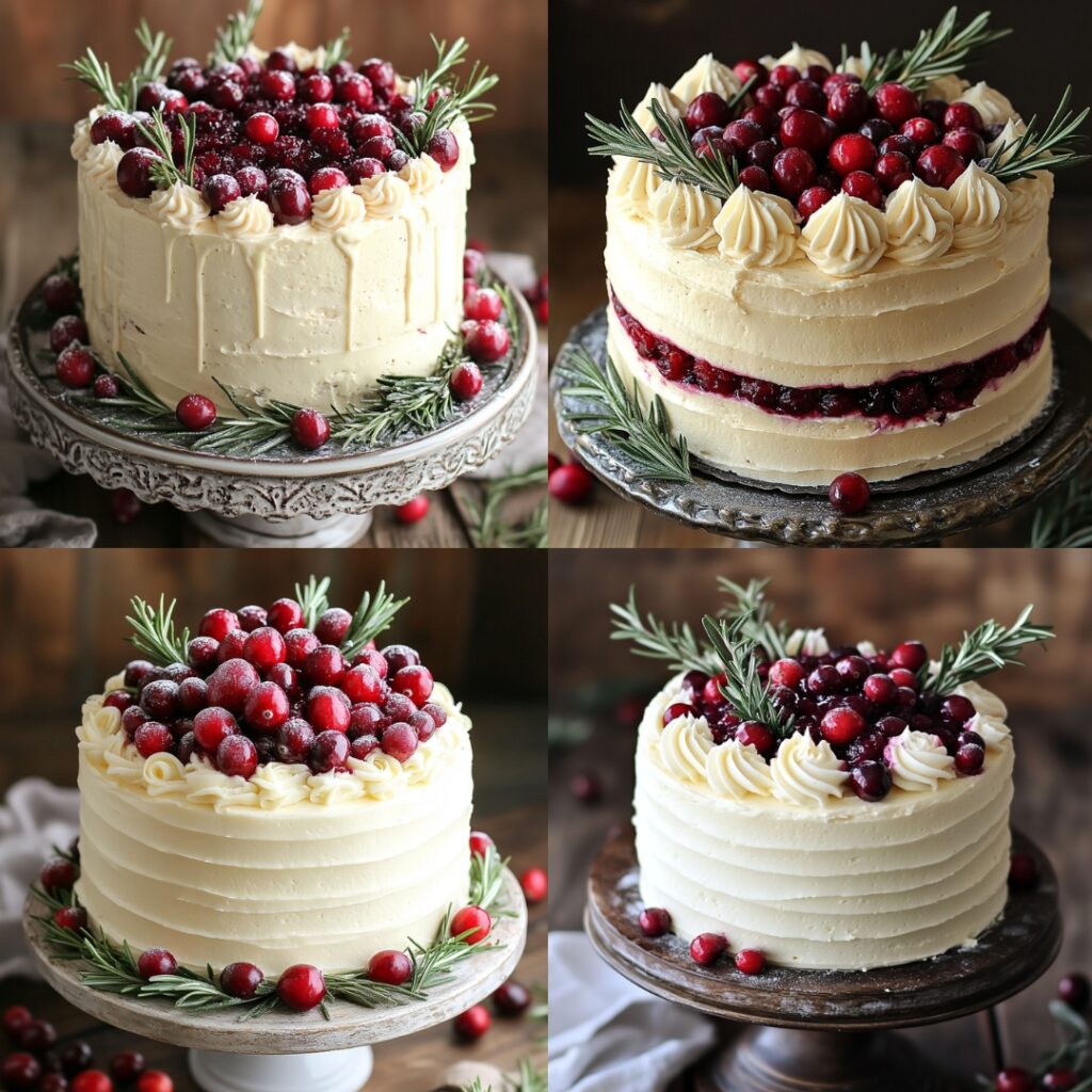 A stunning Cranberry Vanilla Bean Cake with moist vanilla layers filled with cranberry compote, topped with creamy vanilla bean frosting and garnished with fresh cranberries and rosemary.