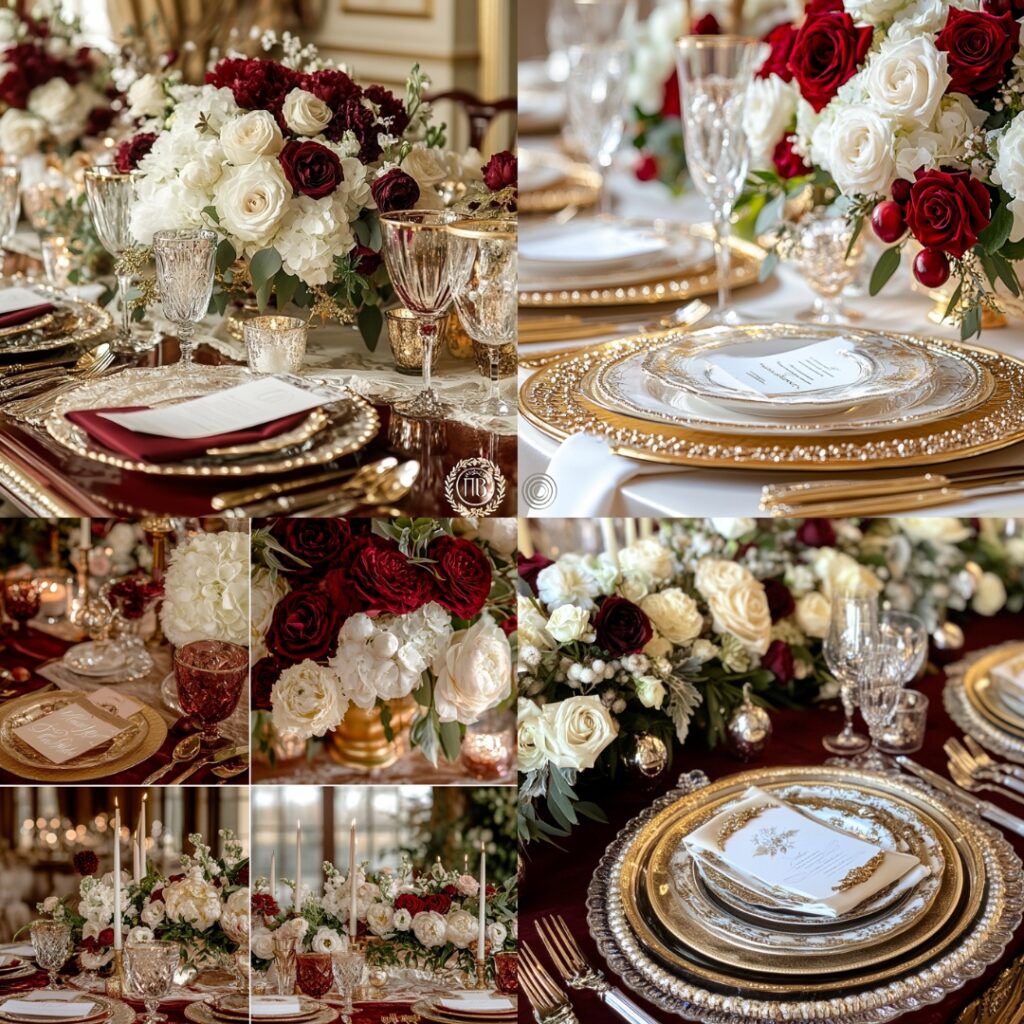 Elegant table setting showcasing cranberry and gold colors, with luxurious decor elements, white florals, and a romantic atmosphere for a Thanksgiving wedding.