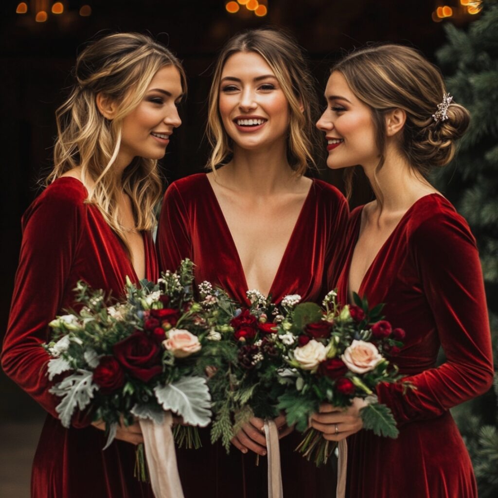 Crimson red velvet bridesmaid dress offering a bold, festive look for a Christmas wedding, paired with winter florals and deep greenery for a seasonal vibe.