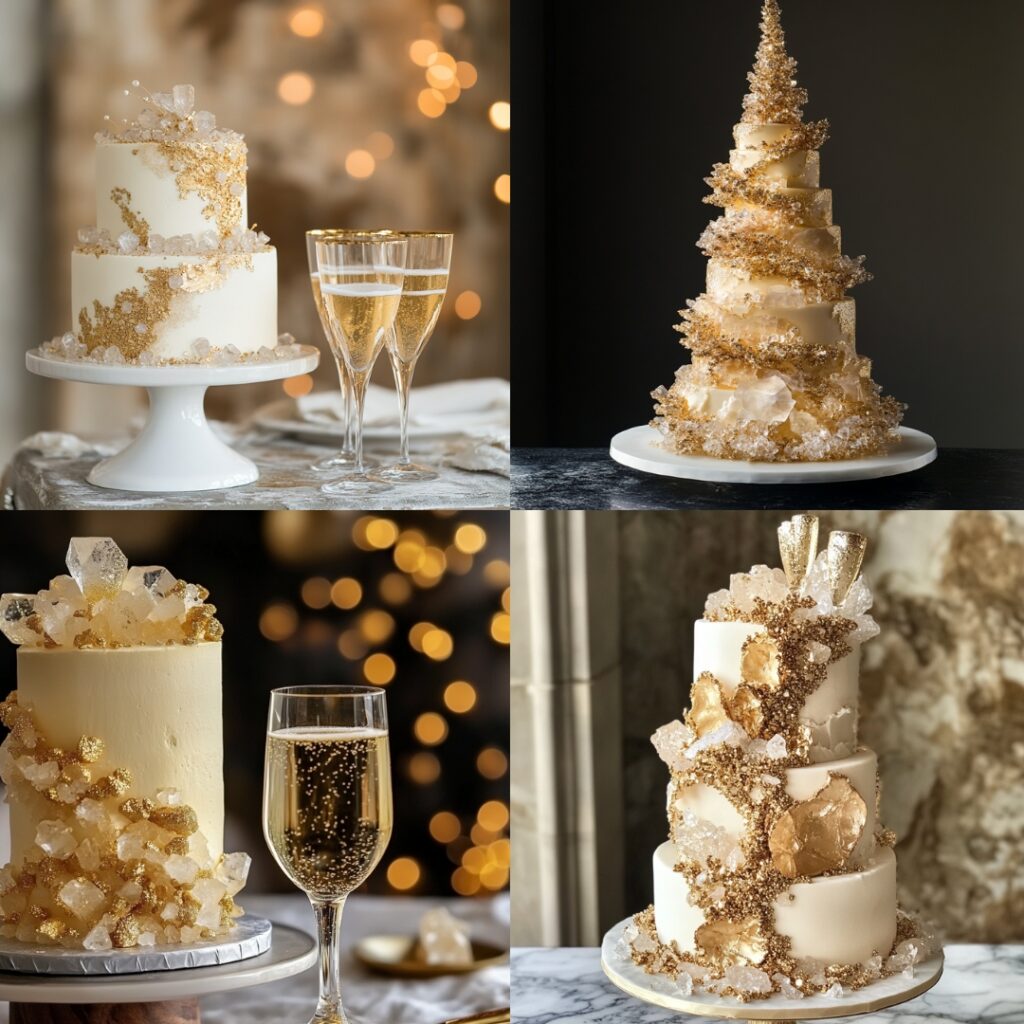 Luxurious wedding cake inspired by a champagne tower with crystal sugar decorations and edible gold paint, capturing a sparkling New Year’s toast.