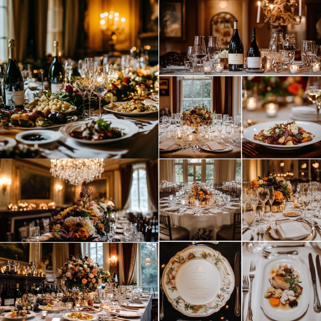 An elegant dining setup at a wedding featuring a curated menu with regional dishes, wine pairings, and artisanal food stations, all reflecting the history of the historic mansion.
