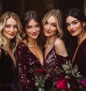 December bridesmaid dress ideas, featuring elegant velvet, satin, and sequin gowns that combine seasonal beauty with timeless style, perfect for a glamorous or cozy winter wedding.