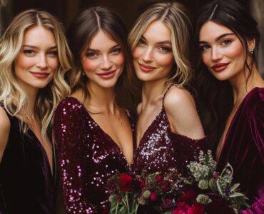 December bridesmaid dress ideas, featuring elegant velvet, satin, and sequin gowns that combine seasonal beauty with timeless style, perfect for a glamorous or cozy winter wedding.