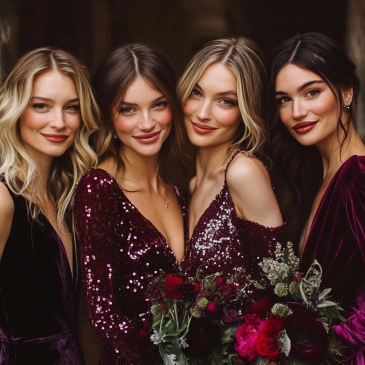 December bridesmaid dress ideas, featuring elegant velvet, satin, and sequin gowns that combine seasonal beauty with timeless style, perfect for a glamorous or cozy winter wedding.