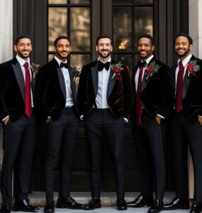 A group of groomsmen in a variety of winter wedding attire, including classic black suits, velvet tuxedos, and wool ensembles, accessorized with seasonal details like scarves and boutonnieres, perfectly balancing comfort and sophistication for a festive December celebration.