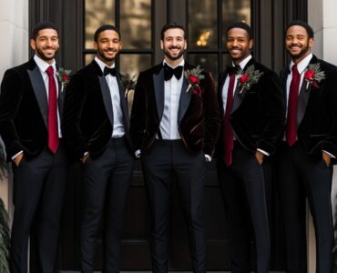 A group of groomsmen in a variety of winter wedding attire, including classic black suits, velvet tuxedos, and wool ensembles, accessorized with seasonal details like scarves and boutonnieres, perfectly balancing comfort and sophistication for a festive December celebration.
