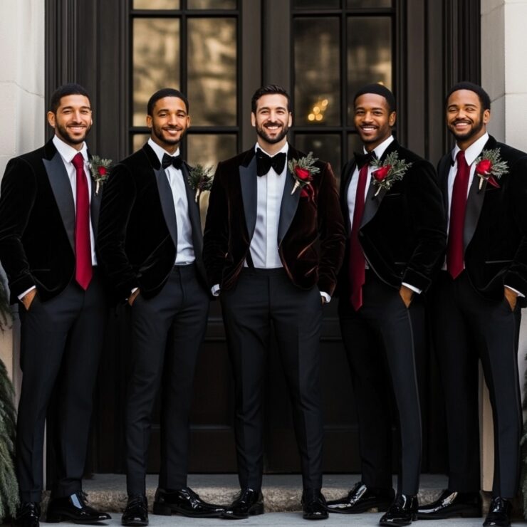 A group of groomsmen in a variety of winter wedding attire, including classic black suits, velvet tuxedos, and wool ensembles, accessorized with seasonal details like scarves and boutonnieres, perfectly balancing comfort and sophistication for a festive December celebration.