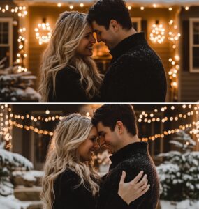 A couple embracing in a festive winter setting, surrounded by twinkling lights, snow, and a cozy fireside, capturing the romantic and unforgettable atmosphere of a December proposal. The scene reflects the warmth and magic of the season, perfect for starting a new chapter together.