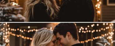 A couple embracing in a festive winter setting, surrounded by twinkling lights, snow, and a cozy fireside, capturing the romantic and unforgettable atmosphere of a December proposal. The scene reflects the warmth and magic of the season, perfect for starting a new chapter together.