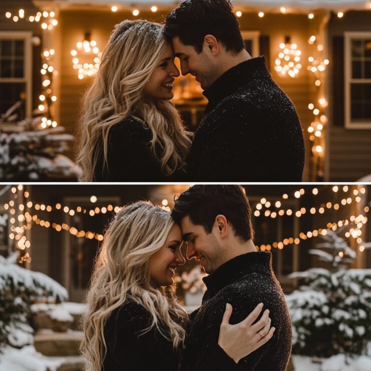 A couple embracing in a festive winter setting, surrounded by twinkling lights, snow, and a cozy fireside, capturing the romantic and unforgettable atmosphere of a December proposal. The scene reflects the warmth and magic of the season, perfect for starting a new chapter together.