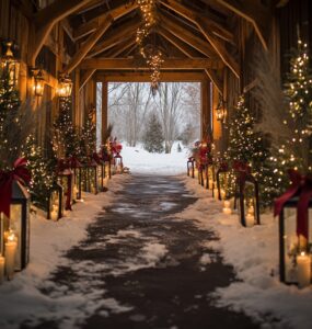 December wedding aisle décor with classic holiday and rustic winter accents, creating a magical seasonal pathway for a memorable ceremony.