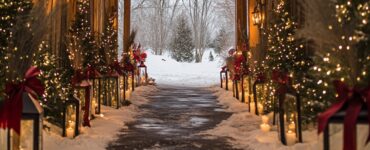 December wedding aisle décor with classic holiday and rustic winter accents, creating a magical seasonal pathway for a memorable ceremony.