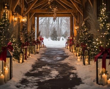 December wedding aisle décor with classic holiday and rustic winter accents, creating a magical seasonal pathway for a memorable ceremony.
