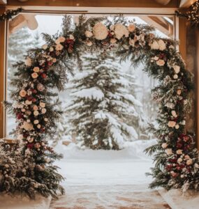 Beautiful December wedding arch ideas featuring winter and holiday-themed designs like snowy floral arches, evergreen branches, and sparkling crystal details for a magical ceremony.