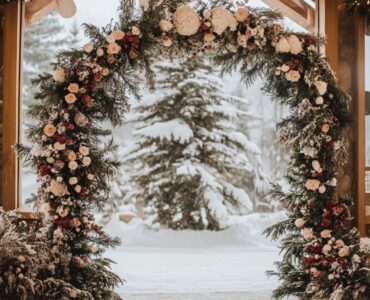 Beautiful December wedding arch ideas featuring winter and holiday-themed designs like snowy floral arches, evergreen branches, and sparkling crystal details for a magical ceremony.