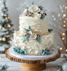 Elegant December wedding cake with seasonal flavors and festive aesthetics, combining rustic and sparkling designs to capture the winter wonderland spirit and create a memorable celebration.