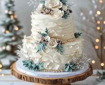 Elegant December wedding cake with seasonal flavors and festive aesthetics, combining rustic and sparkling designs to capture the winter wonderland spirit and create a memorable celebration.