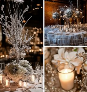 Elegant December wedding centerpieces featuring winter-inspired designs with candlelight, silver accents, and festive décor, setting a magical tone for the reception.
