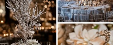 Elegant December wedding centerpieces featuring winter-inspired designs with candlelight, silver accents, and festive décor, setting a magical tone for the reception.