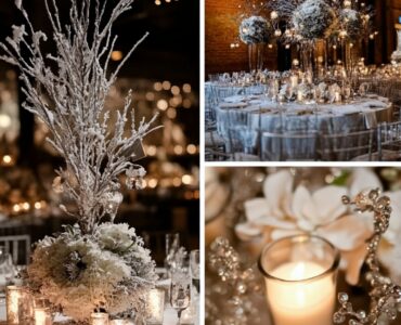 Elegant December wedding centerpieces featuring winter-inspired designs with candlelight, silver accents, and festive décor, setting a magical tone for the reception.