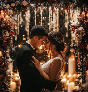 A dreamy December wedding conclusion highlighting the blend of elegance and seasonal charm with cozy candlelight, snowy landscapes, and festive décor, creating a magical winter ceremony experience.