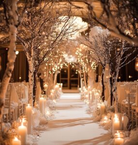 A December wedding venue featuring candlelit aisles and sparkling icicle chandeliers, blending festive charm and winter elegance to create a magical and memorable atmosphere.