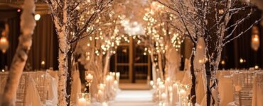 A December wedding venue featuring candlelit aisles and sparkling icicle chandeliers, blending festive charm and winter elegance to create a magical and memorable atmosphere.