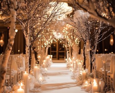 A December wedding venue featuring candlelit aisles and sparkling icicle chandeliers, blending festive charm and winter elegance to create a magical and memorable atmosphere.