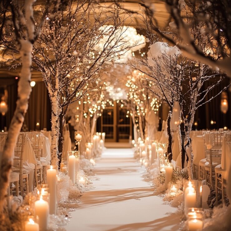 A December wedding venue featuring candlelit aisles and sparkling icicle chandeliers, blending festive charm and winter elegance to create a magical and memorable atmosphere.