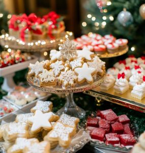 Elegant December wedding dessert table with festive holiday-themed treats, creating a warm and magical atmosphere for a memorable winter wedding experience.