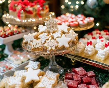Elegant December wedding dessert table with festive holiday-themed treats, creating a warm and magical atmosphere for a memorable winter wedding experience.