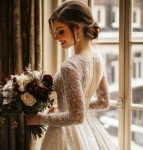 A bride showcasing a variety of elegant December wedding dresses, from luxurious velvet and shimmering sequins to delicate lace, perfect for a magical winter ceremony.