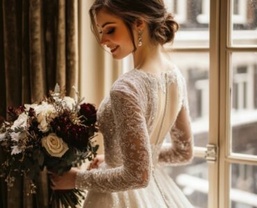 A bride showcasing a variety of elegant December wedding dresses, from luxurious velvet and shimmering sequins to delicate lace, perfect for a magical winter ceremony.